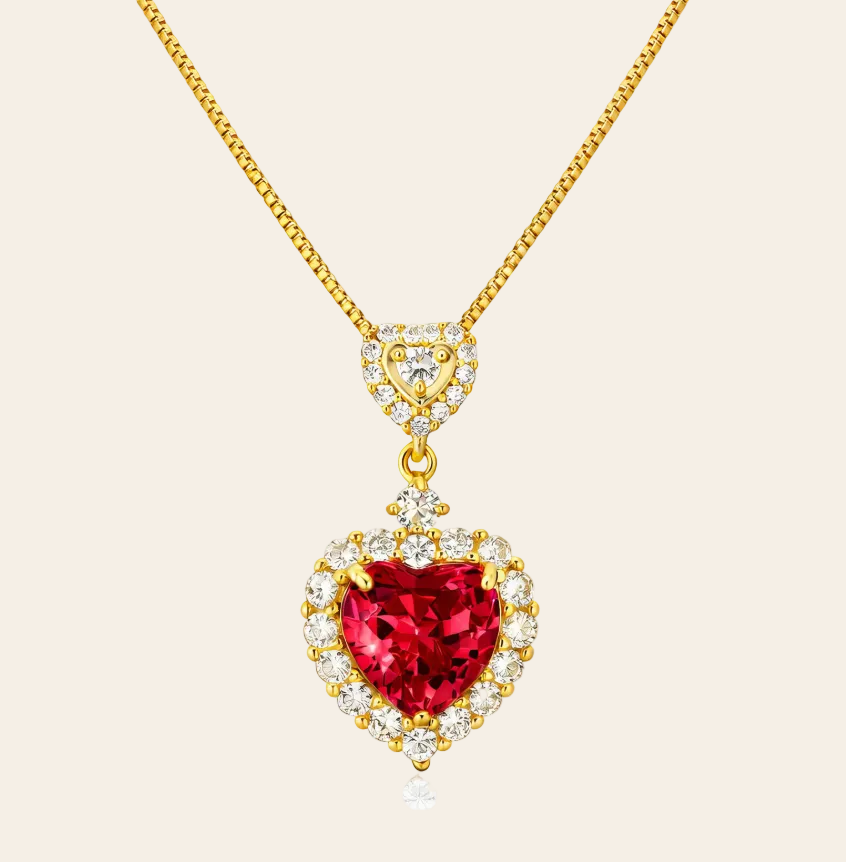 Ruby Heart Halo Necklace in Gold