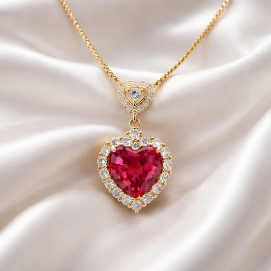 Ruby Heart Halo Necklace in Gold