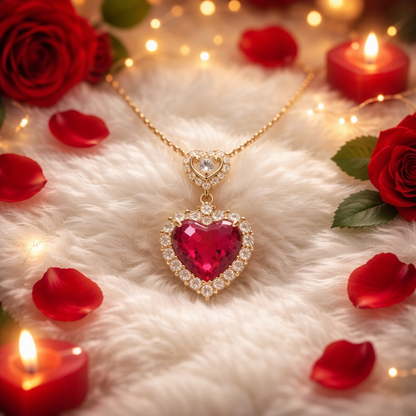 Ruby Heart Halo Necklace in Gold