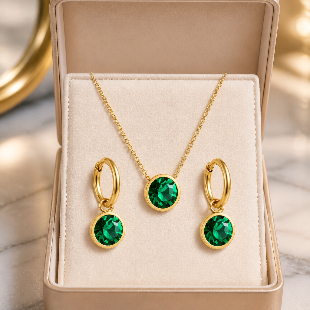 Emerald Elegance Pendant & Huggie Set