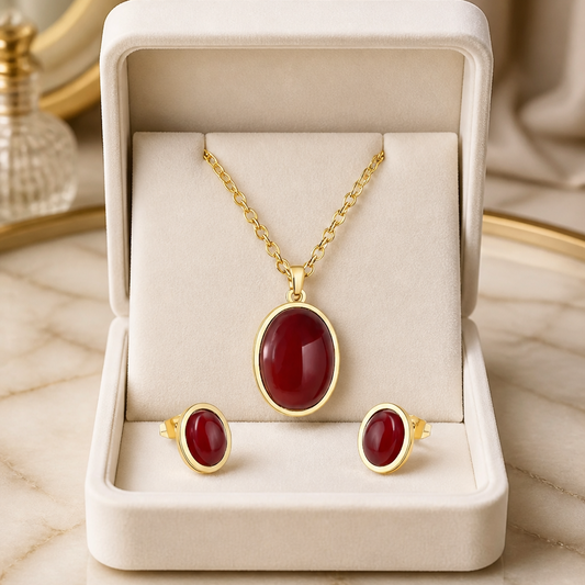 Crimson Elegance Oval Pendant Set